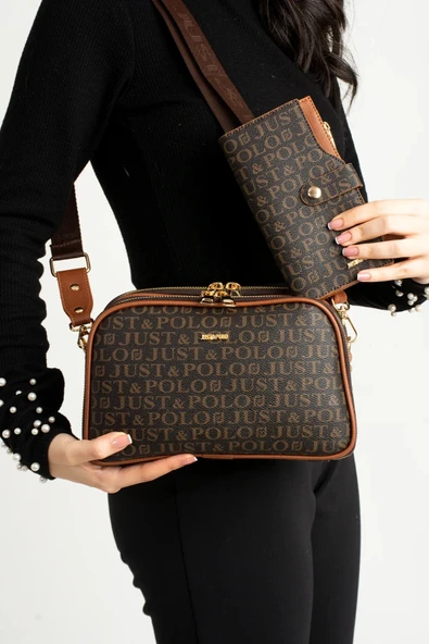 Just Polo Kadın Orta Boy Baskılı Şık Omuz Çantası Ve Cüzdanı Kombin Shopper K232053MH ürün görseli 1