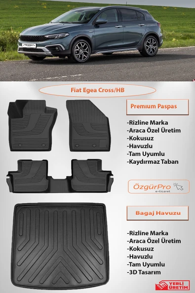Rizline Fiat Egea Cross/HB 2020 ve Sonrası 3D Premium Havuzlu Paspas ve Bagaj Havuzu ürün görseli 1