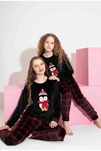 Tarık Kadife Anne Kız Kombin Yeni Yıl Konseptli Kardanadamlı Pijama Takımı-Anne ve Kız ayrı satılmaktadır ürün görseli 1