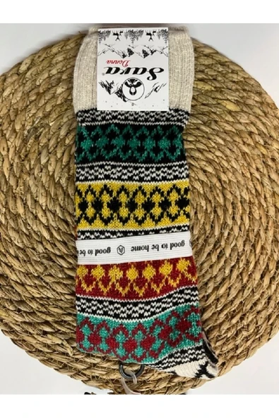 SARA DONNA GELENEKSEL DESENLİ YÜN FOLKLOR DİZALTI ÇORAP - ÇEYİZ İÇİN HOMEWEAR YÜN ÖRGÜ EV ÇORABI ürün görseli 1