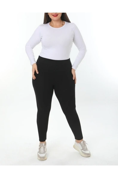 HIS Kadın Çelik Tayt Büyük Beden Yüksek Bel Battal Çelik Örme Siyah Toparlayıcı Geniş Kemerli Spor Tayt ürün görseli 1