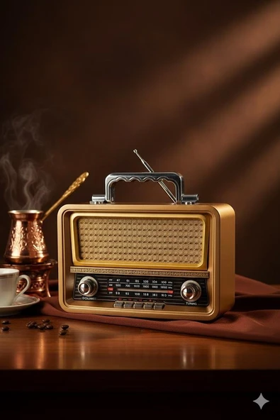 M-1919BT Nostaljik Radyo Görünümlü LED Işıklı Bluetooth,Hafıza Kartı,Usb Bellek,Aux Ve Radyo Destekli Hoparlör Gold ürün görseli 1