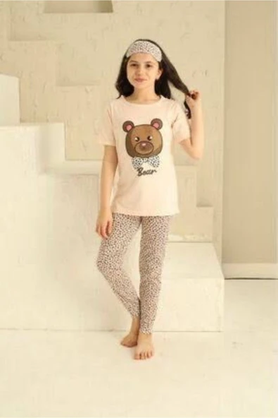 Minimoon Kız Çocuk Kısa Kollu Pijama Takımı - Pembe Leopar Desenli - Göz Bandı Hediyeli ürün görseli 1