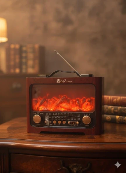 FP-821 Nostaljik Radyo Şömine Görünümlü LED Işık Fenerli Bluetooth,Hafıza Kartı,Usb Bellek,Aux Ve Radyo Destekli Hoparlör Kızıl Ahşap ürün görseli 1