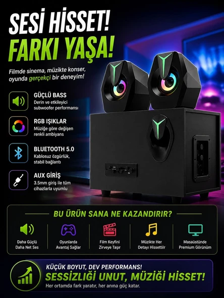 RGB Işıklı 2'si 1 Arada Bluetooth Bilgisayar Hoparlörü – D37 Siyah Subwoofer Speaker, Güçlü Bass & Stereo Ses ürün görseli 1