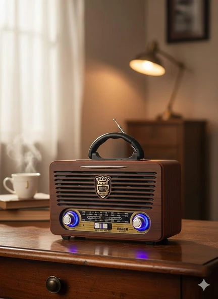 M-115BT Nostaljik Radyo Görünümlü LED Işıklı Bluetooth,Hafıza Kartı,Usb Bellek,Aux Ve Radyo Destekli Hoparlör Kapalı Ahşap ürün görseli 1