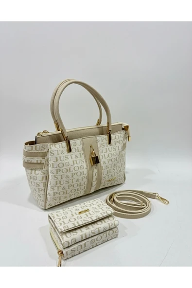 Just Polo Kadın Lüks El & Omuz Çantası Gold Detaylı Özel Tasarım Çanta Ve Uyumlu Cüzdan 22x28 cm ürün görseli 1