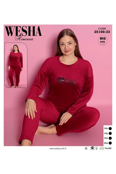 WESHA Kadın Battal Big Size Fransız Kadife Sugar Free Nakışlı Pijama Takımı ürün görseli 1