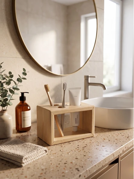 NestWoodTr Ham Doğal Ahşap Minimal Banyo Düzenleyici, Diş Fırçalık - Macunluk, Diş Fırçası Standı (HAM AHŞAP) ürün görseli 1