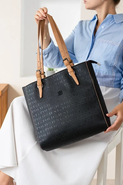 Just Polo Kadın Siyah Taba Büyük Boy El Çantası Ve Cüzdanı Kombin 31 X 32 CM ürün görseli 1