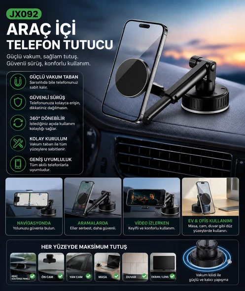 JX092 UltraGrip Pro 360° Manyetik Vakumlu Telefon Standı | Araç, Masa, Cam ve Duvar Uyumlu ürün görseli 1