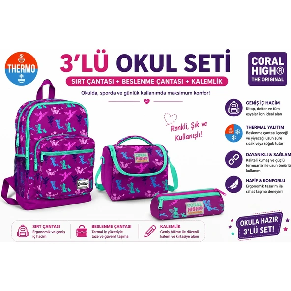 Peri Desenli Ilkokul Sırt Çantası Mor 23109+THERMO Beslenme Çantas 11803+ Kalemlik 22314 ürün görseli 1