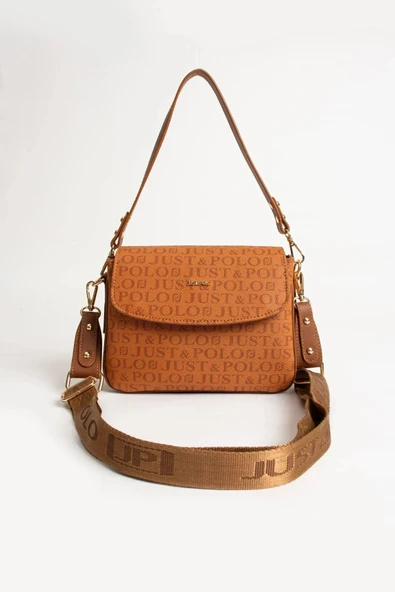 Just Polo Kadın Taba Baskı Desenli Kolon Askılı 3 Bölmeli Omuz Çantası 25x15cm ürün görseli 1