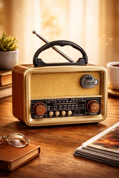 NS-8110BT Nostaljik Radyo Görünümlü Bluetooth,Hafıza Kartı,Usb Bellek,Aux Ve Radyo Destekli Hoparlör Gri ürün görseli 1