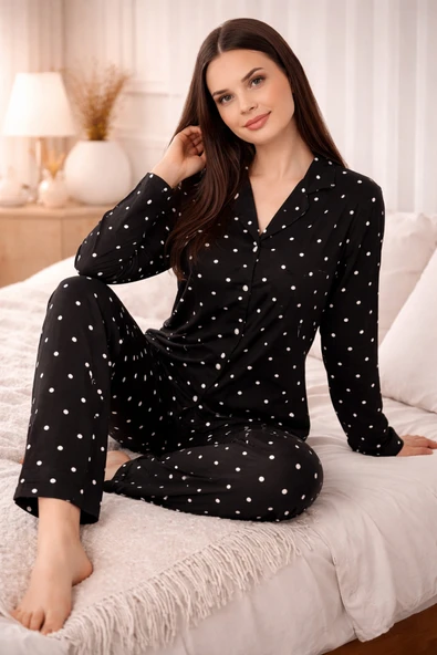 Işılay Siyah %100 Pamuklu Kadın Pijama Takımı – Nefes Alabilen, Uzun Kollu Rahat Ev Giyimi ürün görseli 1