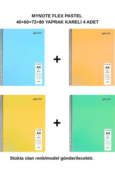 FLEX PASTEL DEFTER A4 40+60+72+80 YAPRAK KARELİ 4'LÜ SET ürün görseli 1