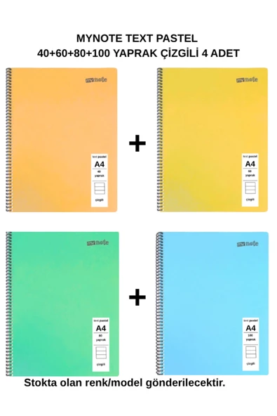 TEXT PASTEL DEFTER A4 40+60+80+100 YAPRAK ÇİZGİLİ 4 Adet ürün görseli 1