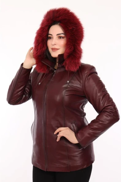 Hakiki Deri Bordo Olivia Kürklü Kadın Ceket ürün görseli 1