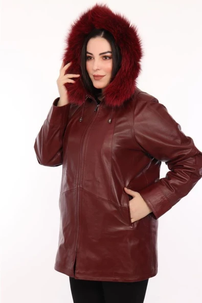 Hakiki Deri Bordo Kapşonlu Kürklü Kadın Ceket ürün görseli 1