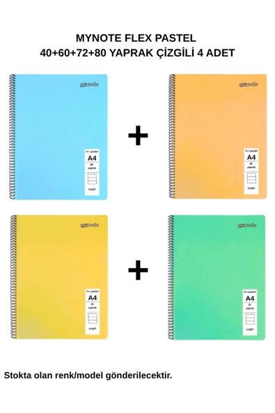 FLEX PASTEL DEFTER A4 40+60+72+80 YAPRAK ÇİZGİLİ 4'LÜ SET ürün görseli 1