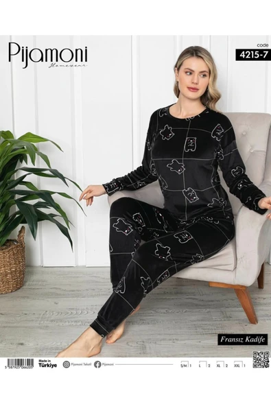 Pijamoni Yumuşak Fransız Kadife Ayı Desenli Siyah Pijama takımı ürün görseli 1
