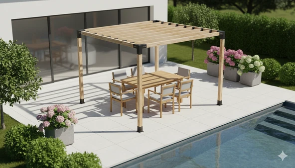 iAhşap Pergola Braket Seti 4 Ana Direkli - Izgaralı Pergola Seti | Ebat-2.4 x 2.4 Metre (Yükseklik 250 Cm) ürün görseli 1