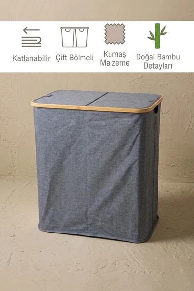 Vıch İki Bölmeli Katlanır Çamaşır Kirli Sepeti Gri 54x54x34 ürün görseli 1