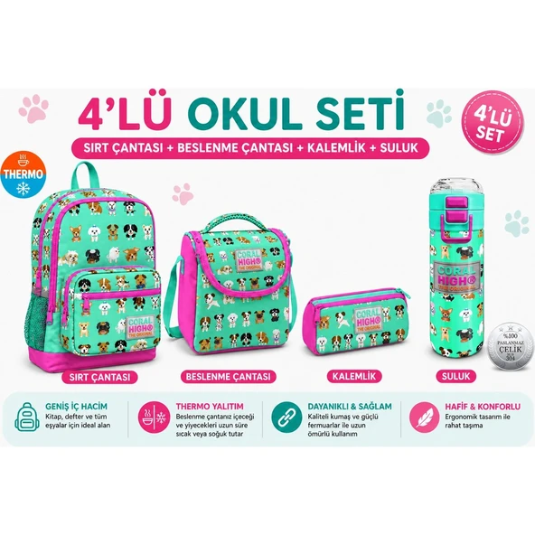 Su Yeşili Köpek Sırt Çantası 23465+ Kalemlik 22306+Beslenme 11715+ 31913 Termos ürün görseli 1