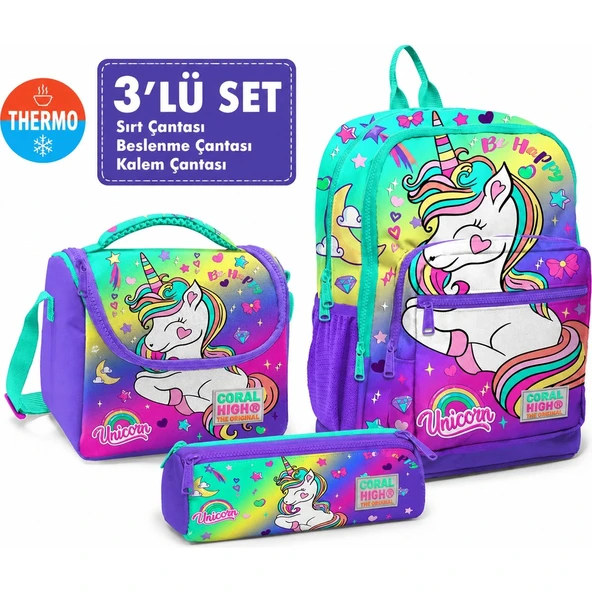 Mor Su Yeşili Unicorn Sırt Çantası 23729+ Beslenme Çantası 11729+ Kalemlik 22029 ürün görseli 1