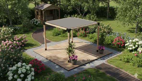 iAhşap Pergola Braket Seti 4 Ana Direkli Üstü Izgaralı Eğimli Gölgelikli Pergola | Ebat-2.4 x 2.4 Metre (Yükseklik 250 Cm) ürün görseli 1