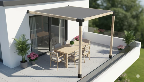 iAhşap Sundurma Pergola Braket Seti 2 Ana Direkli Gölgelikli Pergola | Ebat-3.6 x 3.6 Metre (Yükseklik 250 Cm) ürün görseli 1