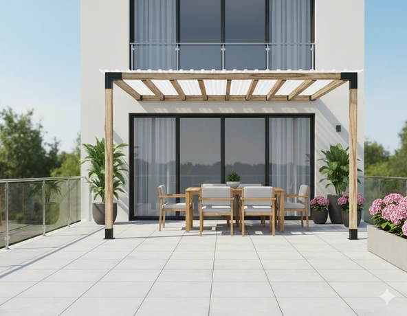 iAhşap Sundurma Pergola Braket Seti 2 Ana Direkli Trapez Sac Gölgelikli | Ebat-2 x 3.2 Metre (Yükseklik 250 Cm) ürün görseli 1
