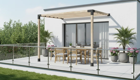 iAhşap Sundurma Pergola Braket Seti 2 Ana Direkli Üstü Izgaralı Eğimli Sundurma | Ebat-3.6 x 3.6 Metre (Yükseklik 250 Cm) ürün görseli 1