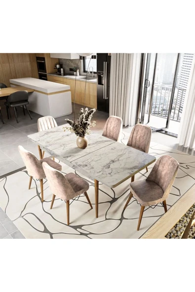 UZMHOME EZGİ 6 Kişilik Açılır Masa Sandalye Takımı Mutfak Masası Takımı Salon Masası Yemek Masası Takımı ürün görseli 1