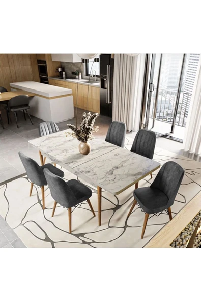 UZMHOME EZGİ 6 Kişilik Açılır Masa Sandalye Takımı Mutfak Masası Takımı Salon Masası Yemek Masası Takımı ürün görseli 1