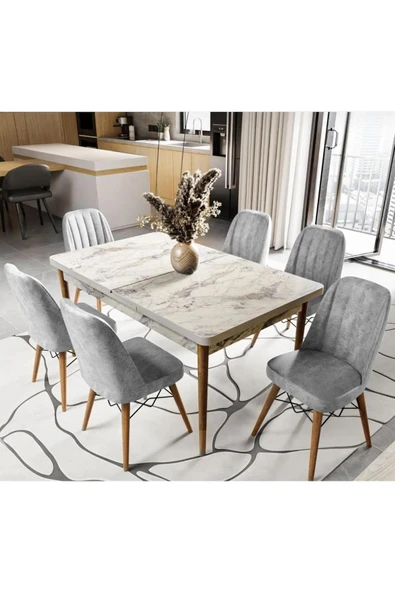 UZMHOME EZGİ 6 Kişilik Açılır Masa Sandalye Takımı Mutfak Masası Takımı Salon Masası Yemek Masası Takımı ürün görseli 1