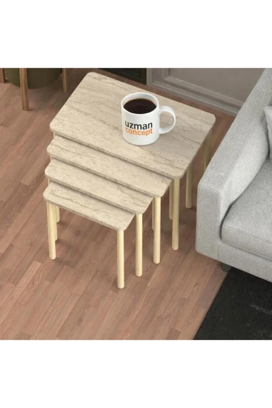 UZMHOME 4lü Traverten Ahşap Ayaklı Zigon Sehpa-çay Sehpası-servis Sehpası-salon Sehpası-modern Tasarım ürün görseli 1
