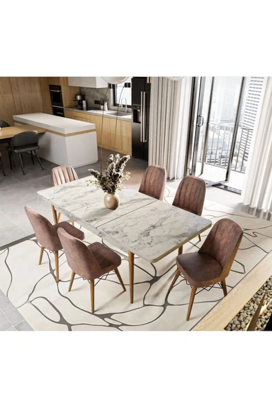 UZMHOME EZGİ 6 Kişilik Açılır Masa Sandalye Takımı Mutfak Masası Takımı Salon Masası Yemek Masası Takımı ürün görseli 1