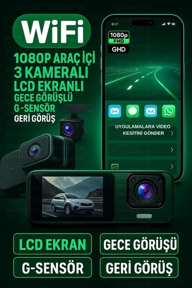 Wifi 1080p Araç içi 3 Kameralı Lcd Ekranlı Gece Görüşlü , G-sensör , Geri Görüş Kamera ürün görseli 1