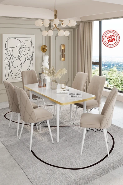 UZMHOME AÇILABİLİR MDF MASA TAKIMI 6 KİŞİLİK BABY FACE KUMAŞLI SANDALYELİ ürün görseli 1