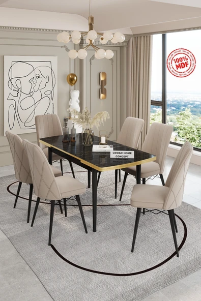 UZMHOME Açılabilir Yemek Masası Takımı Mdf Masa Takımı Siyah Mermer Desenli Yemek Masası 6 Sandalyeli ürün görseli 1