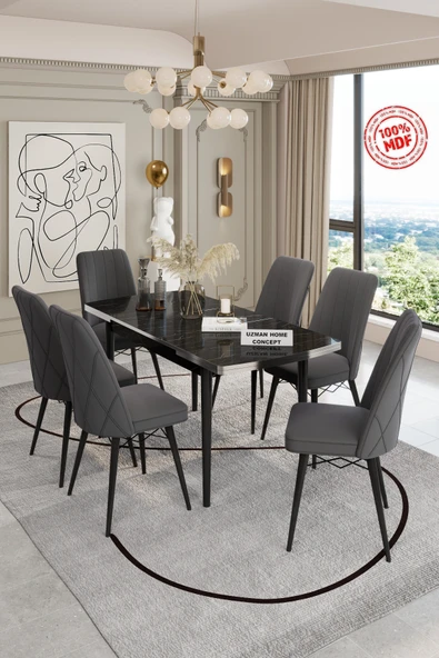UZMHOME Açılabilir Yemek Masası Takımı Mdf Masa Takımı Siyah Mermer Desenli Yemek Masası 6 Sandalyeli ürün görseli 1