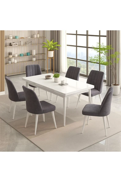 UZMHOME LALE Serisi Beyaz 80x130 Açılır Yemek Masası , Yemek Masa Takımı Metal Ayaklı 6 SandalyeLİ ürün görseli 1