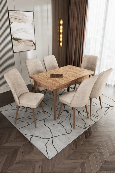 UZMHOME Mizavia Serisi Atlantik Çam 80x130 Açılır Yemek Masası , Yemek Masa Takımı 6 Sandalye ürün görseli 1