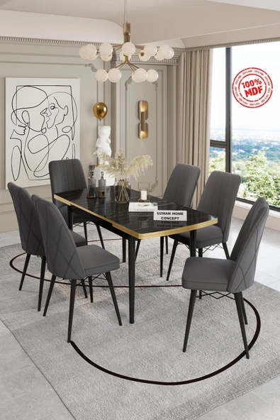 UZMHOME Açılabilir Yemek Masası Takımı Mdf Masa Takımı Siyah Mermer Desenli Yemek Masası 6 Sandalyeli ürün görseli 1