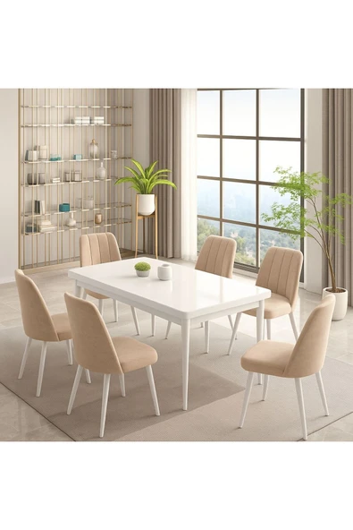 UZMHOME LALE Serisi Beyaz 80x130 Açılır Yemek Masası , Yemek Masa Takımı Metal Ayaklı 6 SandalyeLİ ürün görseli 1
