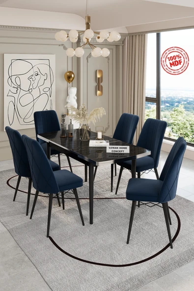 UZMHOME SİYAH MERMER AÇILABİLİR MDF MASA TAKIMI 6 KİŞİLİK BABY FACE KUMAŞLI SANDALYELİ ürün görseli 1