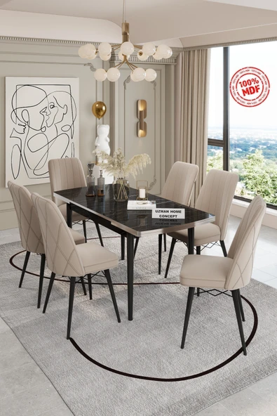 UZMHOME Açılabilir Yemek Masası Takımı Mdf Masa Takımı Siyah Mermer Desenli Yemek Masası 6 Sandalyeli ürün görseli 1