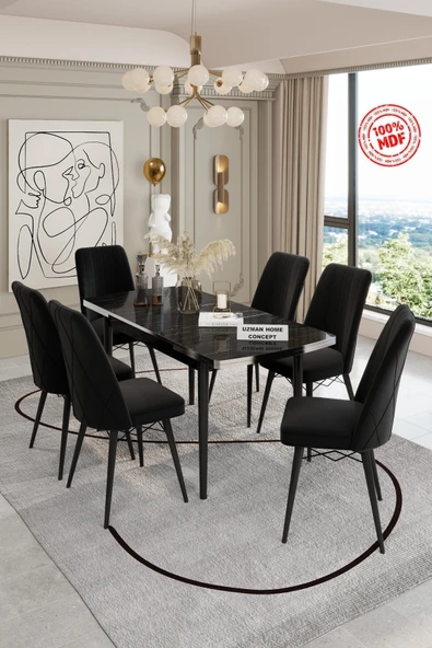 UZMHOME SİYAH MERMER AÇILABİLİR MDF MASA TAKIMI 6 KİŞİLİK BABY FACE KUMAŞLI SANDALYELİ ürün görseli 1