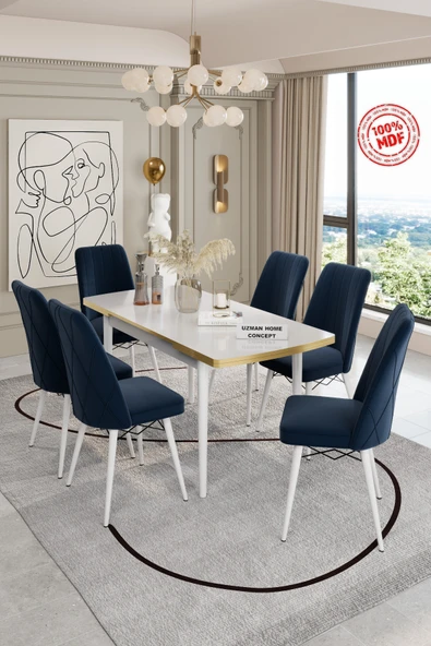 UZMHOME Mdf Açılır BAYB FACE KUMAŞLI 6 Sandalyeli Yemek Masası Takımı Beyaz KROM ürün görseli 1